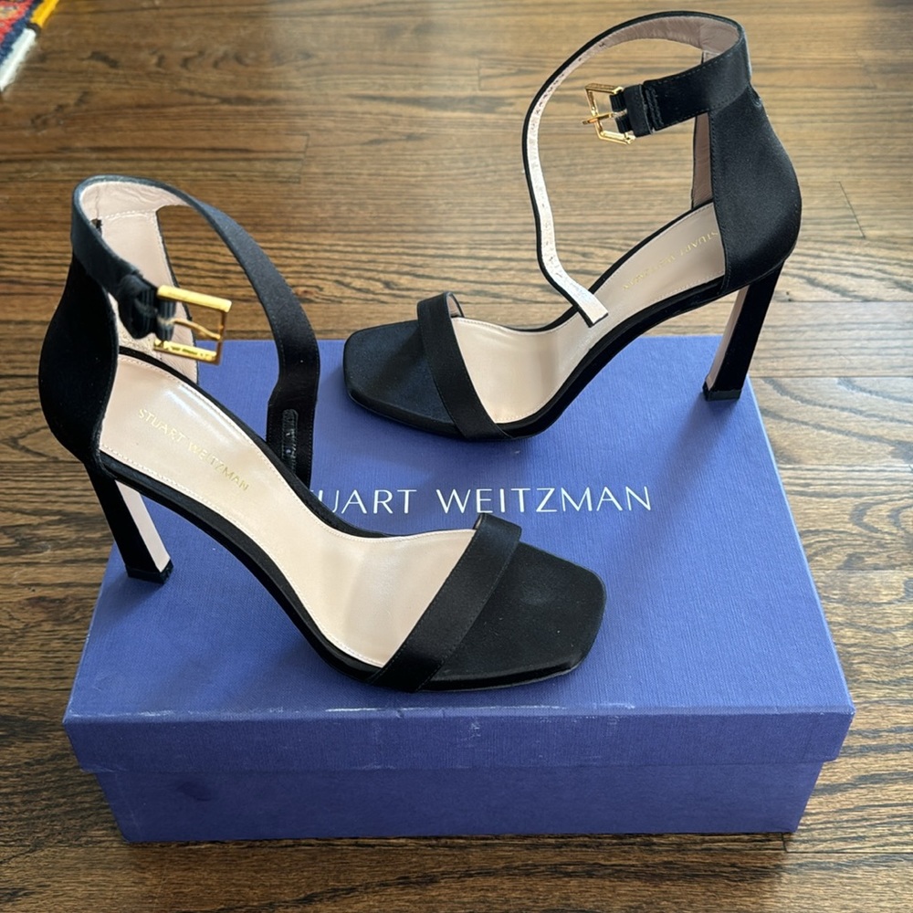 Stuart Weitzman black silk satin square nudist heel 100mm, size 7